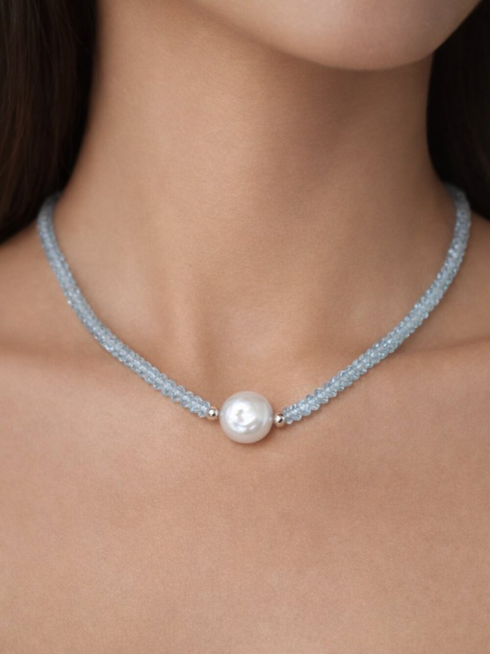 Faceted Blue Topaz and Freshwater Pearl Necklace.